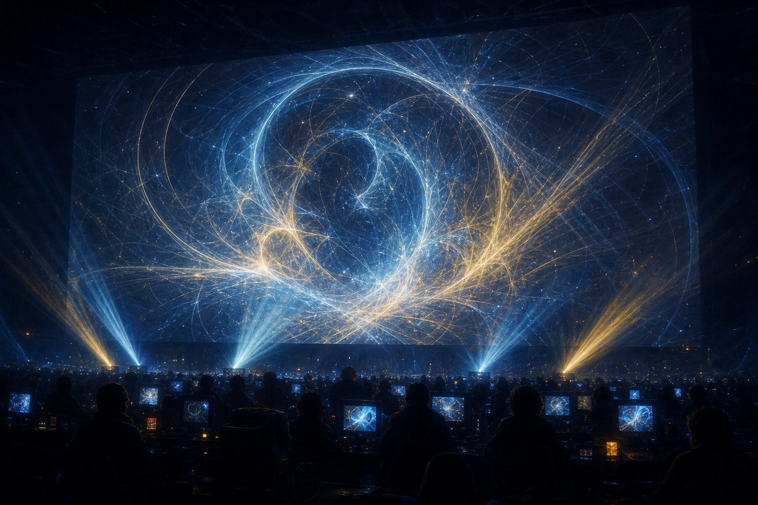 An atmospheric demoparty hall filled with computers and projected graphics